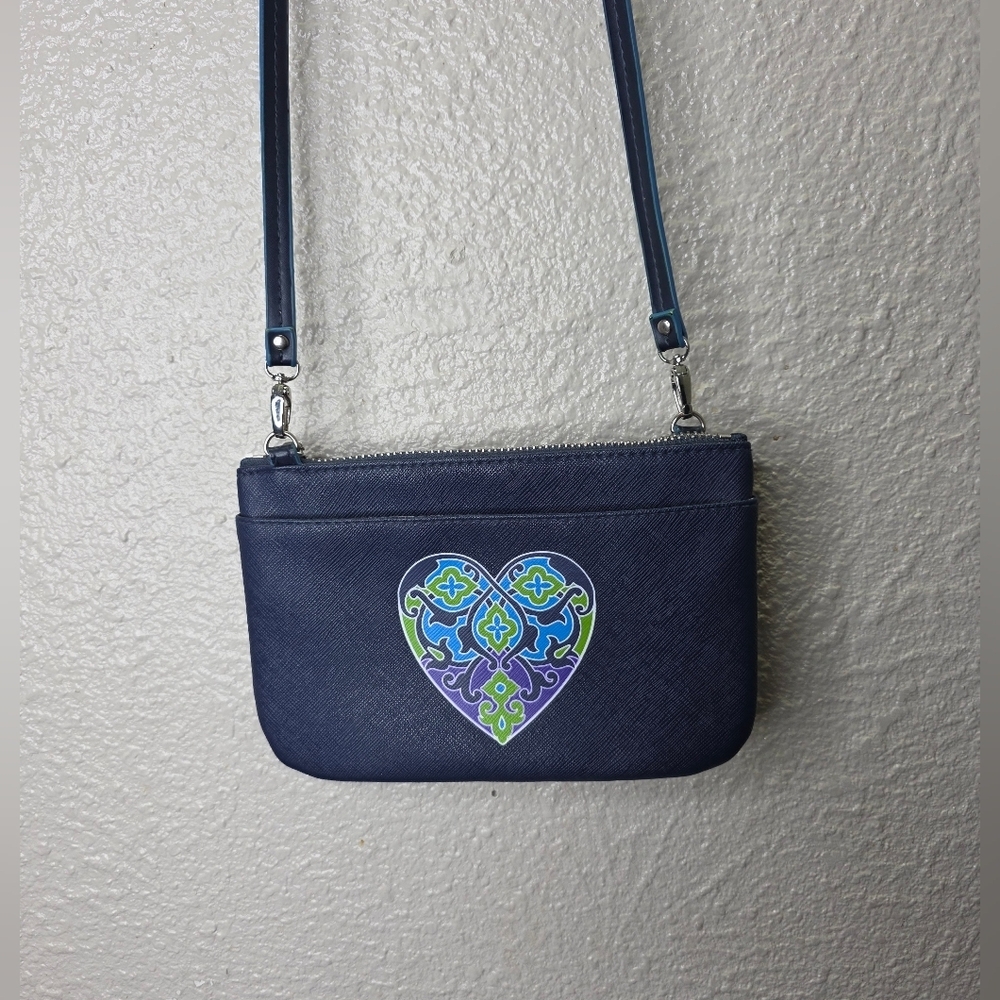 BRIGHTON Navy Blue Heart Design Mini Small Crossbody Purse Zippper Pockets - Picture 3 of 14